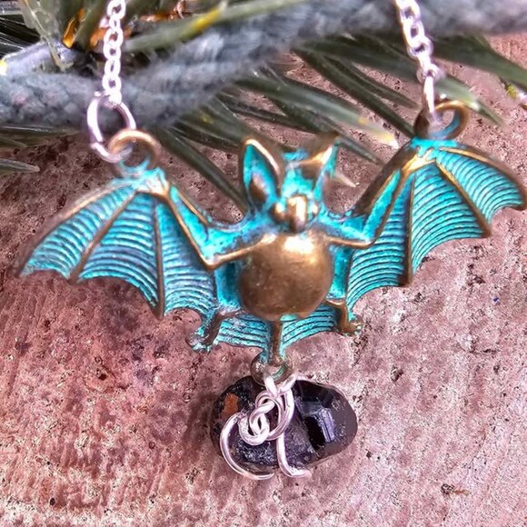 Flying Bat Nature Black Tourmaline Raw Stone Pendant Necklace - Picture 2 of 10